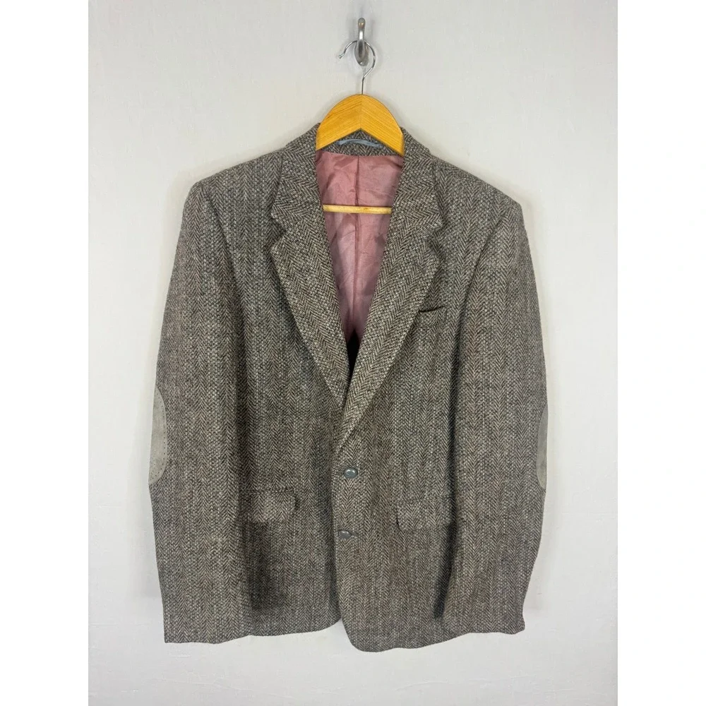 Harris Tweed Mens 40L Tall Brown Herringbone Wool Blazer Elbow Patches